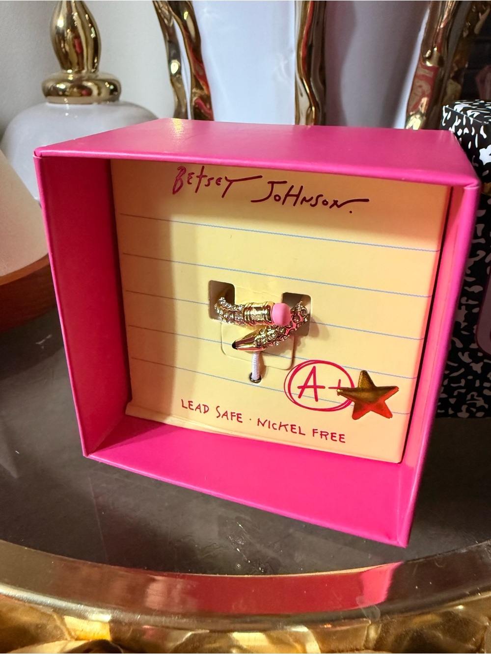 Betsey Johnson Gold Tone Ring with Pave Crystal Pencil Size 7.5-8